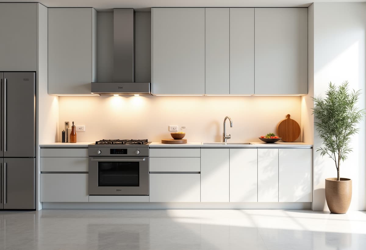 Oven repair technician performing inspection on modern gas oven in sleek kitchen