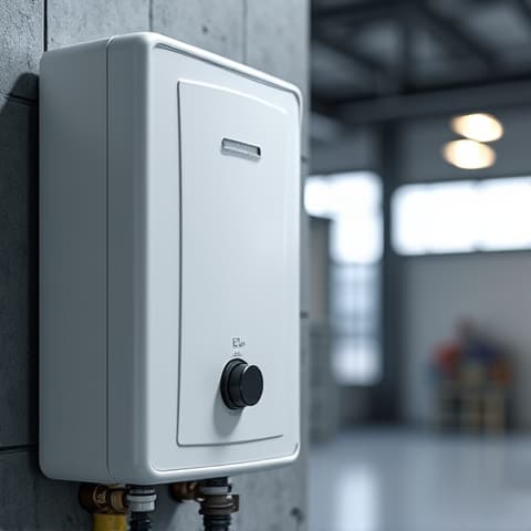 Commercial tankless water heater repair along I-80 corridor. Technicians inspecting and repairing a commercial tankless water heater system, showcasing specialized service for businesses located along the I-80 highway corridor.