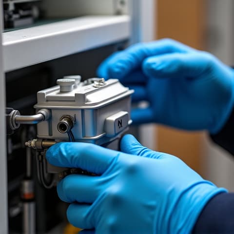 Technician replacing a compressor on a large refrigerator unit in an industrial setting in Rancho Cordova, ensuring optimal cooling performance. A service technician carefully installing a new compressor, with specialized tools visible, in a commercial refrigerator.