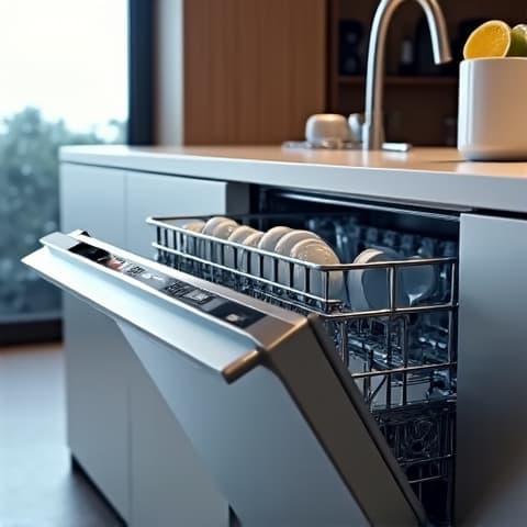 Bosch Dishwasher Repair Sacramento. A pristine Bosch dishwasher, recently repaired, stands ready for use in a modern Sacramento kitchen, showcasing its sleek design.