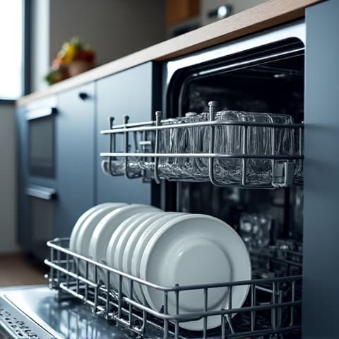 Technician inspecting an integrated Bosch dishwasher in a Sacramento home. Professional appliance repair for a Bosch dishwasher in Sacramento, ensuring seamless operation and addressing hard water residue with local expertise.