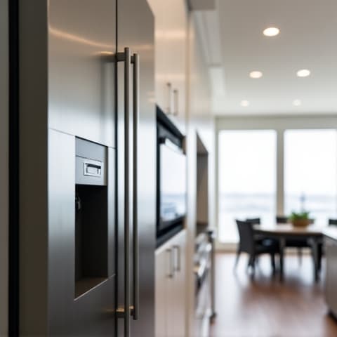 GE Monogram built-in refrigerator, meticulously repaired and gleaming in a contemporary Sacramento residence.
