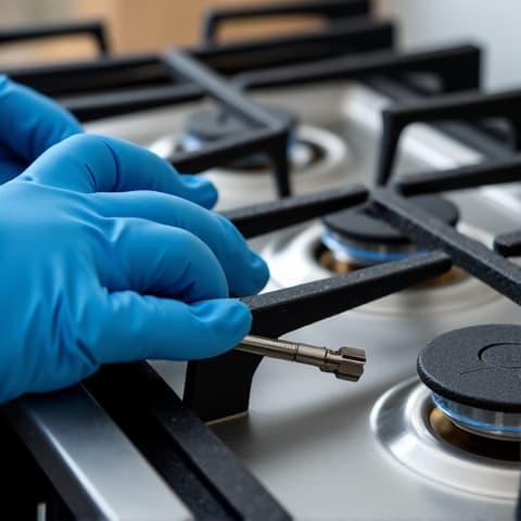 Glass Cooktop Replacement in Sacramento. Technician replacing a glass cooktop surface using specialized tools, demonstrating precision and expertise.