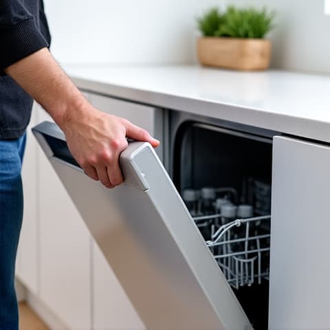 Integrated dishwasher being carefully installed in a modern Sacramento kitchen. Precision installation of an integrated dishwasher in Sacramento, ensuring perfect alignment and optimal function for a sleek kitchen design.