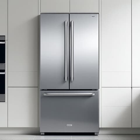 A technician working on the base of a luxury Sub-Zero refrigerator, demonstrating meticulous repair work and adherence to white-glove service standards in Granite Bay.