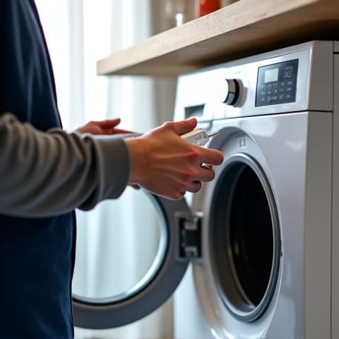 Miele dryer repair Sacramento technician using a proprietary diagnostic tool to identify fault codes, ensuring accurate and efficient repairs.