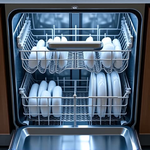 Modern Dishwasher Restoration Sacramento. The sparkling clean interior of a modern dishwasher after a full restoration service in a Sacramento residence.