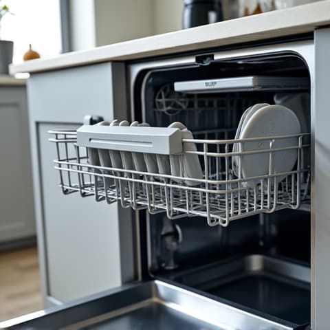 Dishwasher repair service in a modern Sacramento kitchen. A technician is addressing an issue with a built-in dishwasher, focusing on the control panel or internal mechanism.