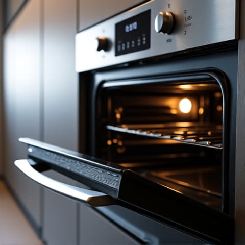 Oven repair specialist at work in Sacramento. The technician is performing maintenance on an oven, checking electrical connections or heating elements.