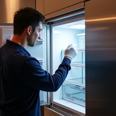 Sub-Zero Built-in Refrigerator Repair in El Dorado Hills. Skilled technician repairing a built-in Sub-Zero refrigerator, demonstrating specialized service for integrated luxury kitchen appliances.