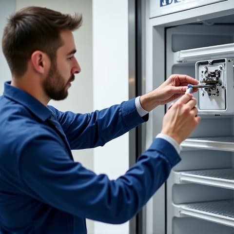 Sub-Zero Freezer 600 Series Restoration in Folsom. Expert technician performing restoration on a Sub-Zero 600 series freezer unit, highlighting the precision and care taken for luxury appliance components.