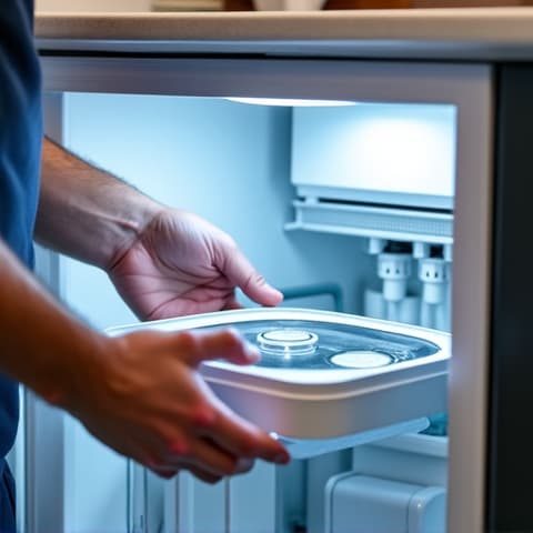 Sub-Zero freezer repair in Folsom, CA, technician working on a luxury unit in a clean residential kitchen setting. Showcasing precision and care.