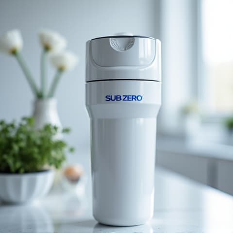 A close-up of a Sub-Zero ice maker unit, with a technician inspecting the water line and tray for proper function.