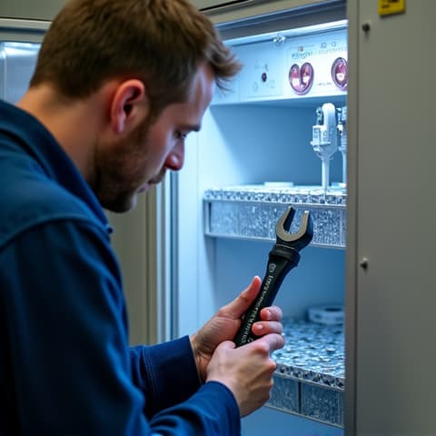 Technician repairing True freezer near Golden 1 Center, ensuring optimal performance for commercial use. This high-efficiency appliance receives expert service.