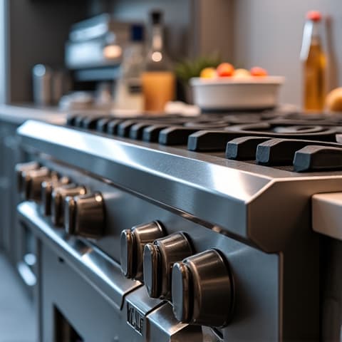 Wolf Range Calibration in Folsom. Technician calibrating a luxury Wolf range in a kitchen, with a protective floor mat visible, indicating careful service.