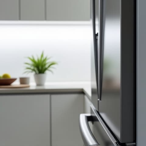 Thermador Refrigerator Restoration in a Sacramento home with white-glove treatment. Professional servicing of a high-capacity luxury refrigerator, highlighting careful handling and floor protection.