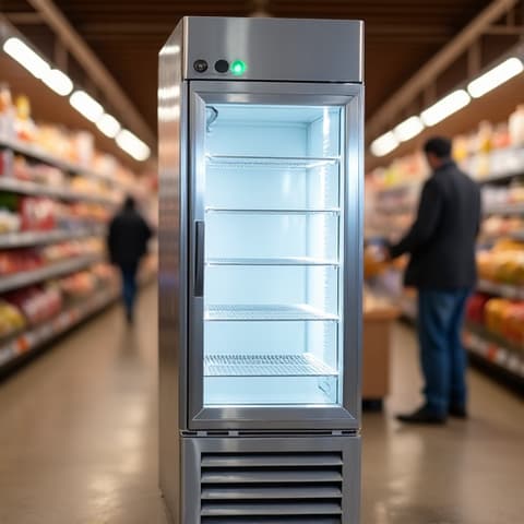 True reach-in freezer repair at a Sacramento grocery store, technician working on a commercial unit vital for food storage and display. Timely and critical service.