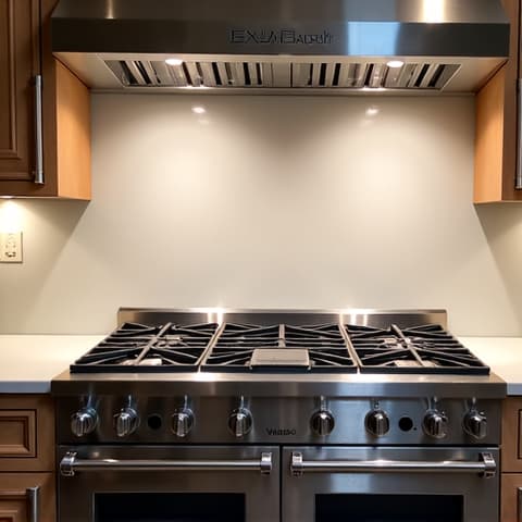 A Viking professional range after repair in a spacious Folsom luxury estate kitchen, highlighting precision and restoration of functionality.