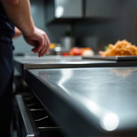 Detailed repair of a Wolf griddle in West Sacramento. A technician is focused on repairing the intricate surface of a Wolf griddle attachment, highlighting tools and attention to detail for luxury appliance care.
